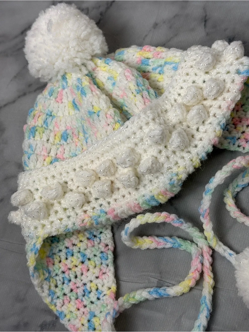 Pastel Crochet Pom Pom Earflap Beanie Hat Baby/Toddler Photoshoots Winter Cozy